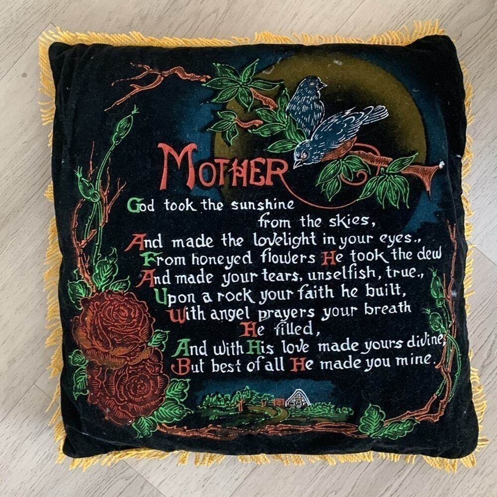 Mother Vintage Velvet Fringed Pillow Cotton Back Birds Roses Poem 1960s